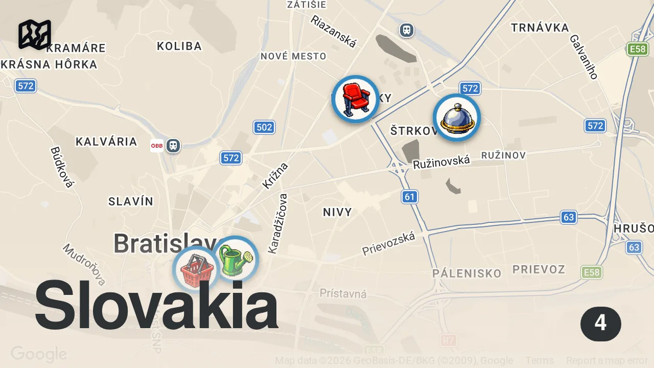 Map of 4 spots from SLOVAK FOOD & CRAFT BEER in Bratislava – Best Local Pubs & Restaurants
