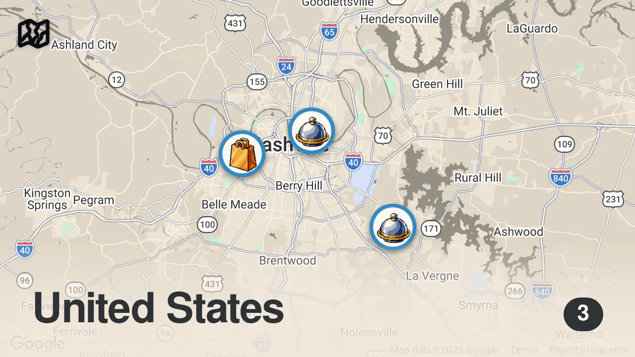 Map of 3 spots from Eating at VIRAL Restaurants For 24 Hours (Nashville)