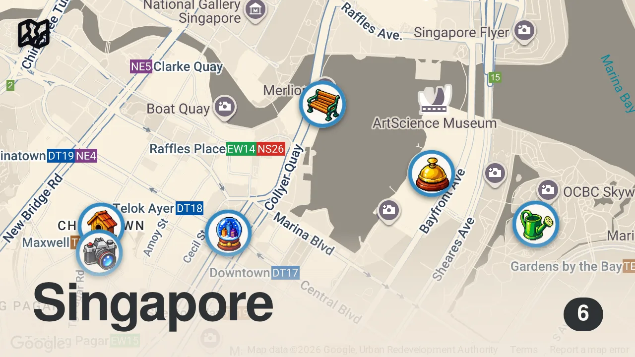 Map of 6 spots from Our FIRST TIME IN SINGAPORE (it blew our minds!) 🇸🇬