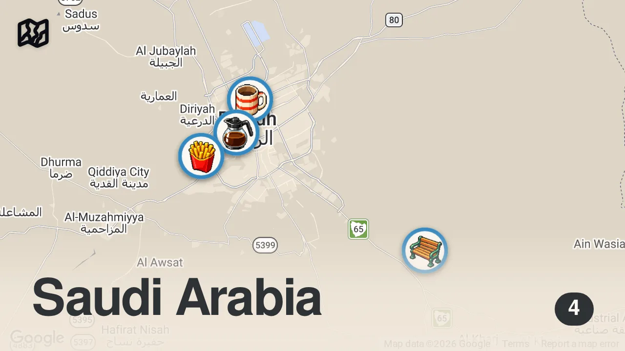 Map of 4 spots from The Ultimate SAUDI ARABIAN FOOD Tour in Riyadh!! 5 Best Restaurants You Can't Miss!