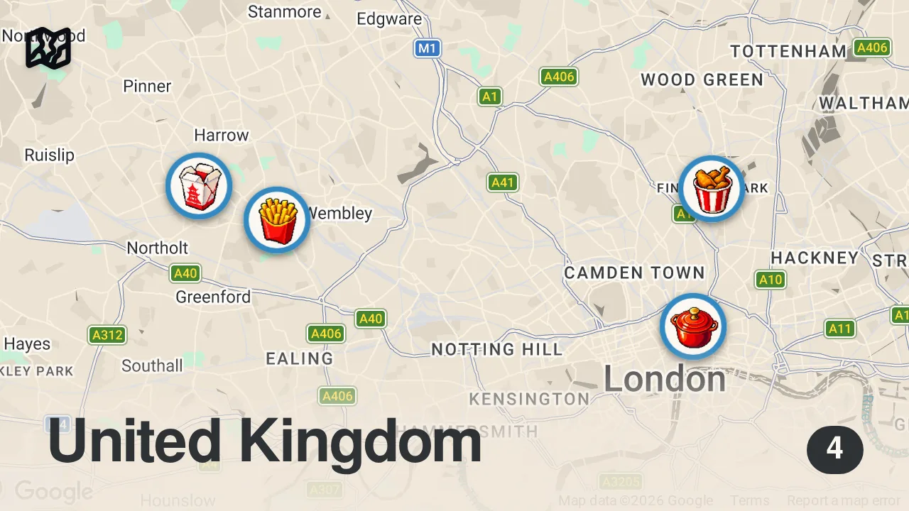 Map of 4 spots from £1.50 vs £350 Burger in London