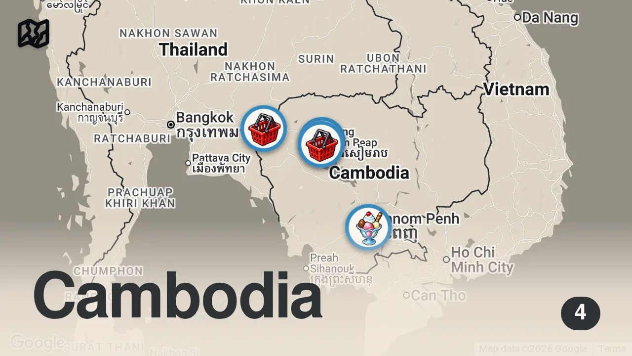 Map of 4 spots from Accidentally Eating FROG In Cambodian Village - Extreme Street Food Siem Reap 🇰🇭
