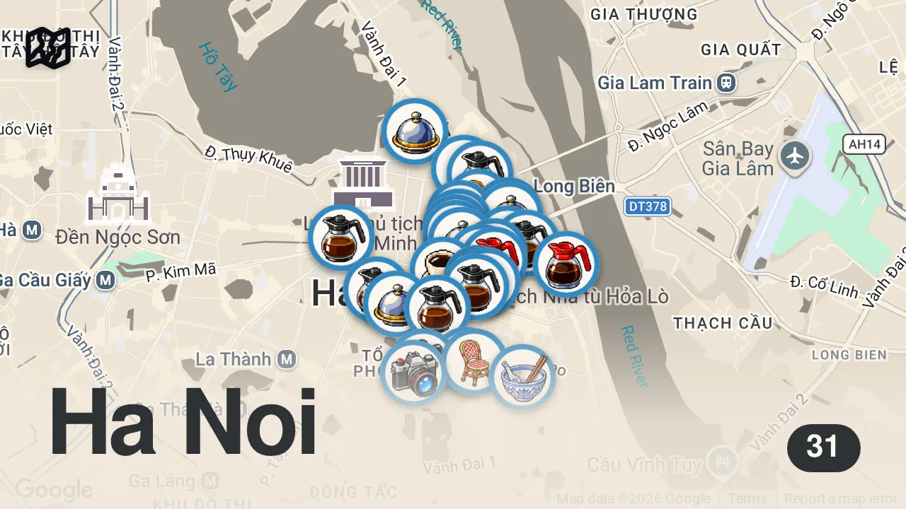 Map of 31 spots from 2026 HANOI Food Guide | 30 Must-Eats w/ Prices! 🇻🇳