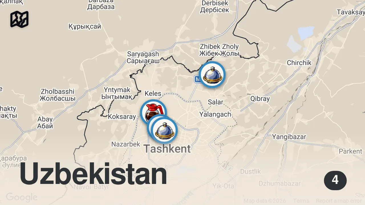 Map of 4 spots from Street Food in Uzbekistan 🇺🇿 Extreme HORSE hot pot + TANDOORI Lamb + Lagman - Central Asian food