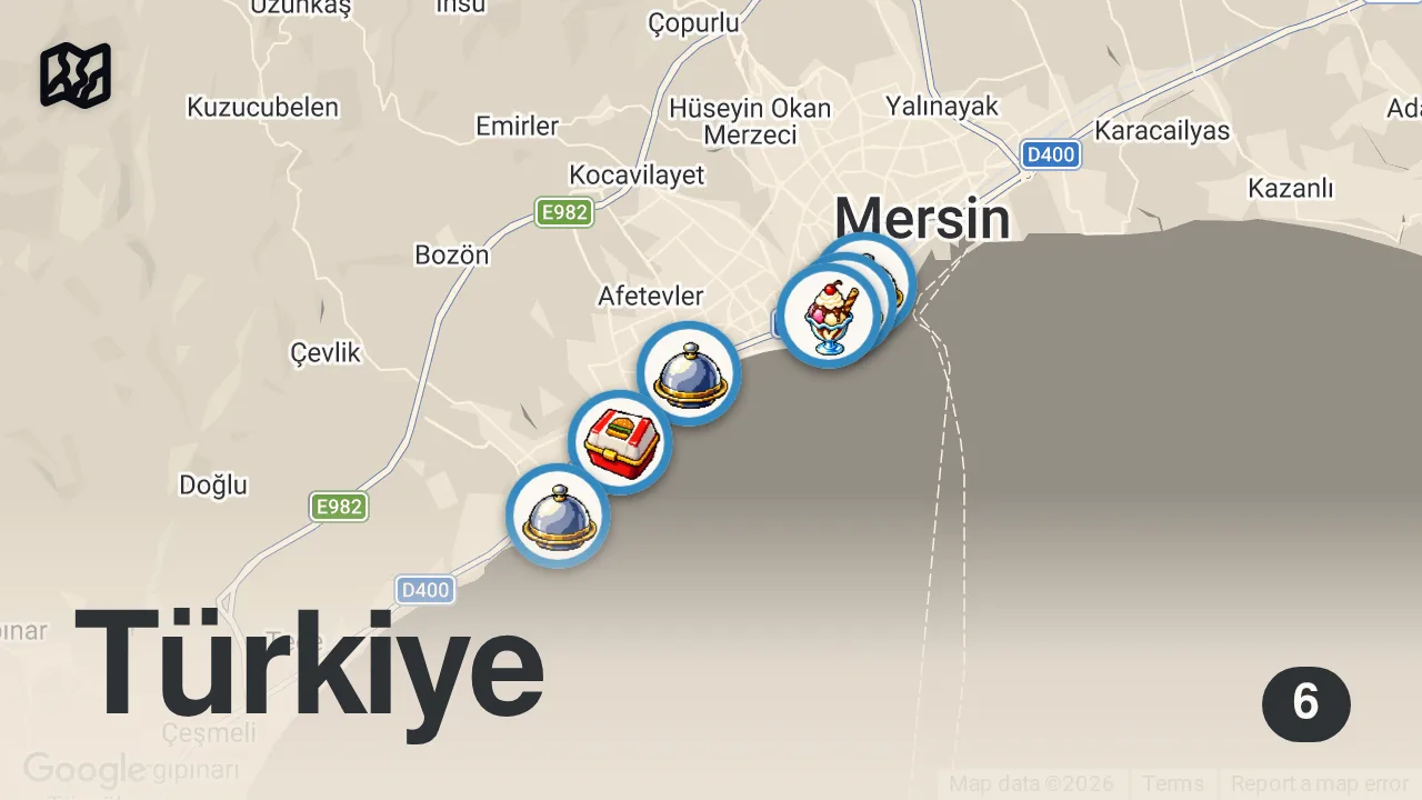 Map of 6 spots from MERSİN LEZZET TURU: Tantuni, Künefe, Şalgam, Humus, Kerebiç ve Tarsusi Lahmacun | Oğuz Yenihayat
