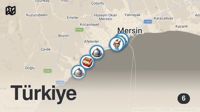 Map of MERSİN LEZZET TURU: Tantuni, Künefe, Şalgam, Humus, Kerebiç ve Tarsusi Lahmacun | Oğuz Yenihayat