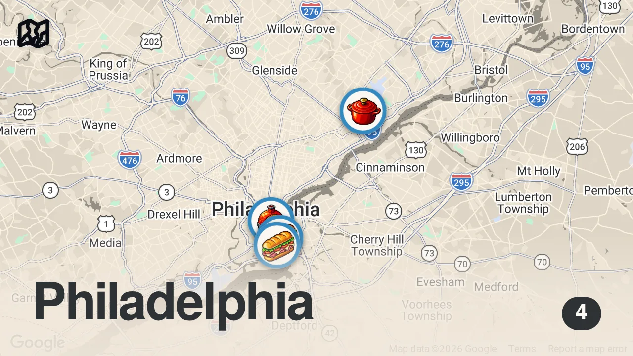 Map of 4 spots from Trying 19 Philly Cheesesteaks in 24 Hours - Which One Is Best? | Taste Of The Town | Bon Appétit