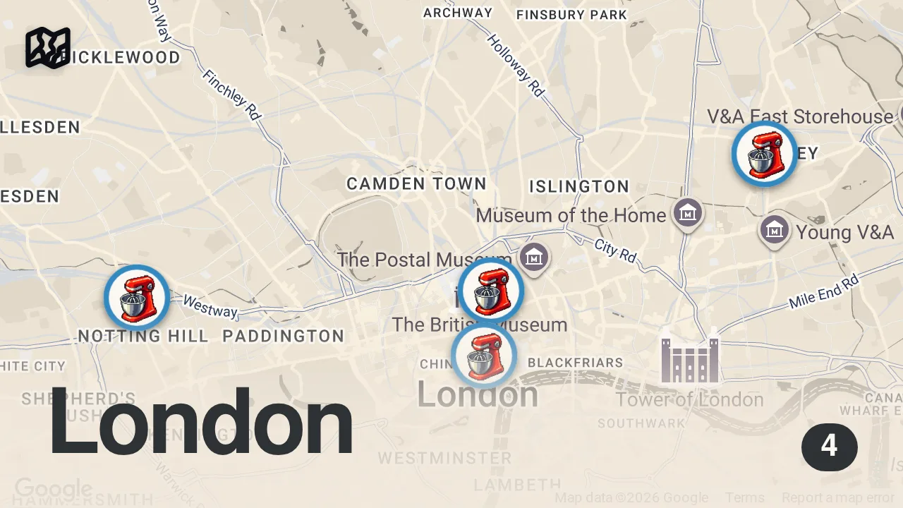 Map of 4 spots from We visited the Best Bakeries in London.