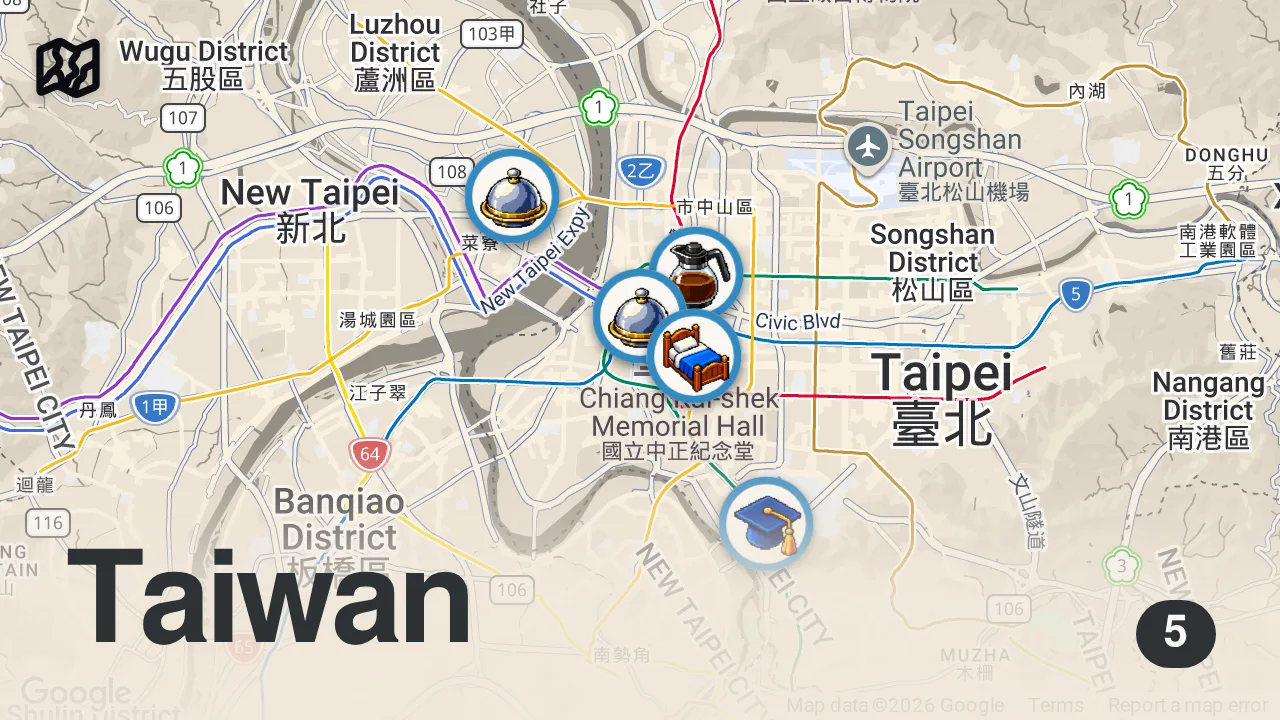 Map of 5 spots from Taiwan Street Food - BEST BEEF NOODLES + 5 Must Eat Foods in Taipei!!