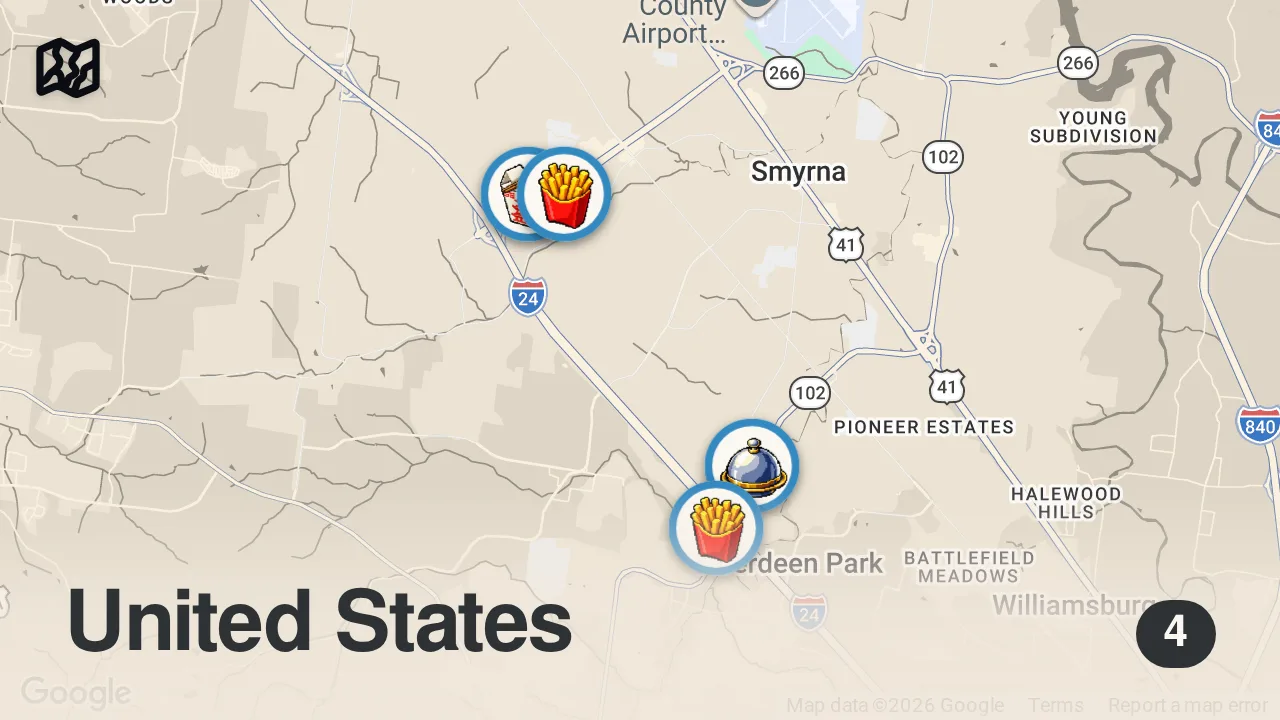 Map of 4 spots from Eating NEW Fast Food Menu Items So YOU Don't Have To...