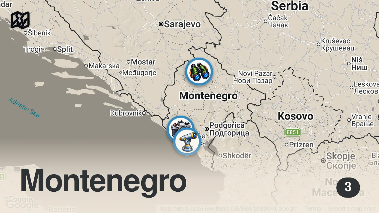 Map of 3 spots from 🇲🇪 MONTENEGRO Dokumentation | 22 Orte, die dich sprachlos machen | 4K