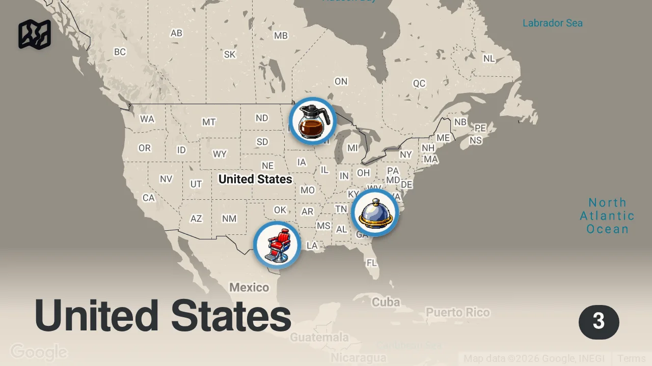 Map of 3 spots from Eating Around America | Bizarre Foods with Andrew Zimmern | Travel Channel