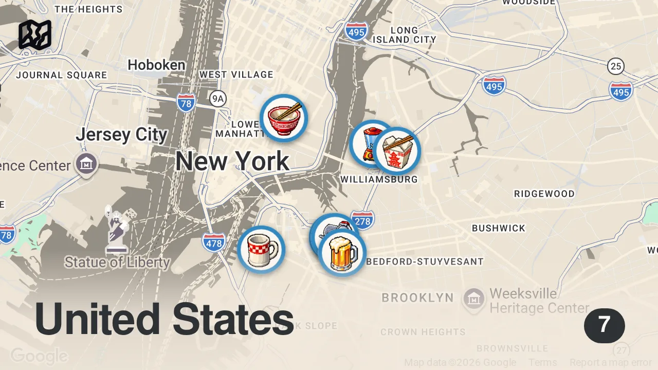 Map of 7 spots from (NYC Vlog) Hood Chinese take-out in Brooklyn - Turkey Leg Sandwich and more