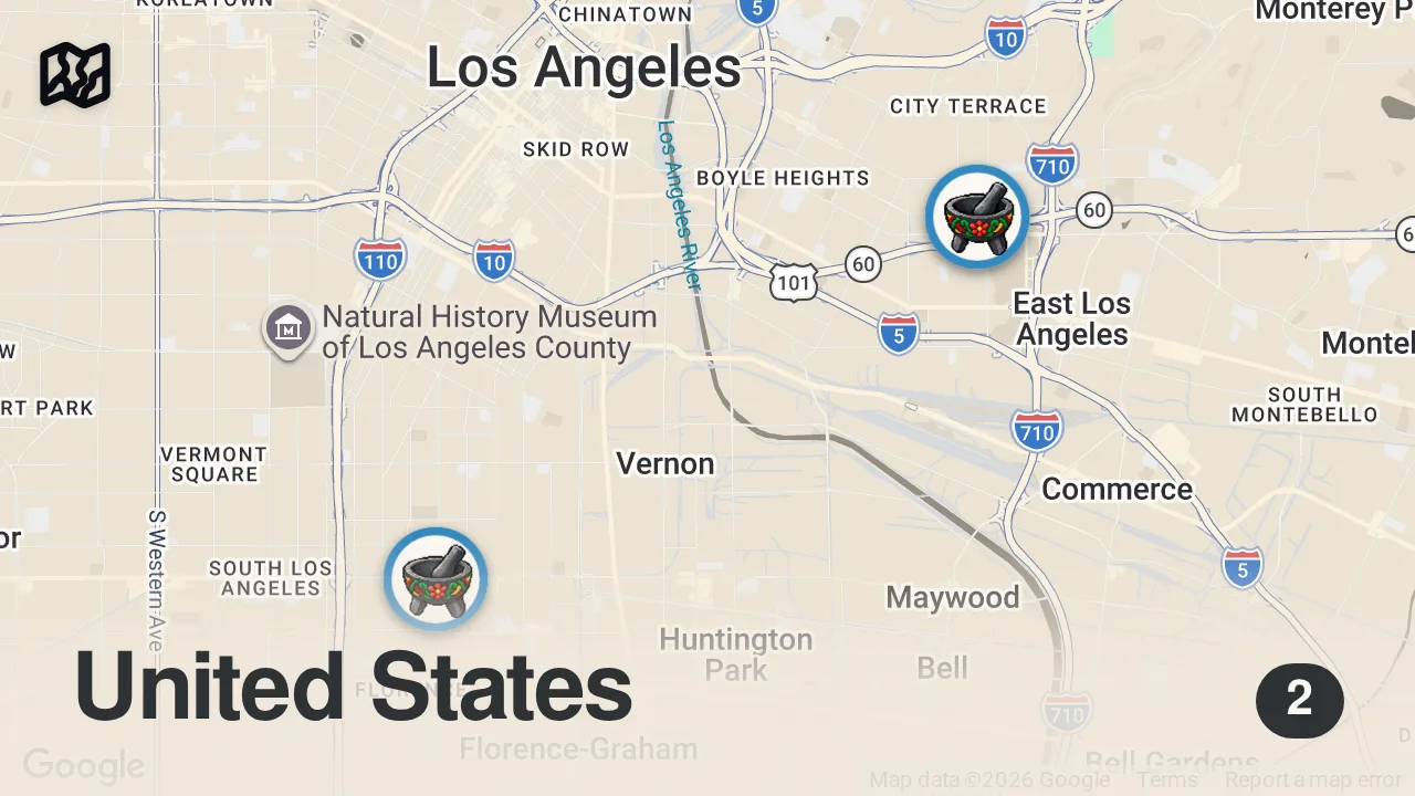 Map of 2 spots from GOLDEN MEAT JACUZZI 🌮 Carnitas Tacos + Loaded Quesadillas!! Best Street Food in Los Angeles!!