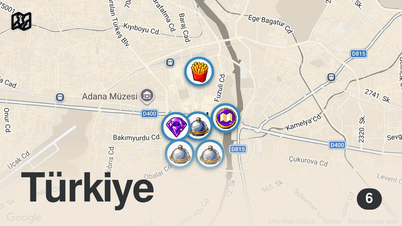 Map of 6 spots from TURKISH STREET FOOD - Adana Kebab + Crazy Şırdan! AMAZING Street Food in Adana, Turkey!!