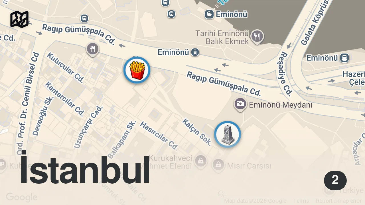 Map of 2 spots from ÖNÜNDE KUYRUK OLAN BALIK DÜRÜMCÜ | Balık Dürümcü Yılmaz usta | Eminönü #balık