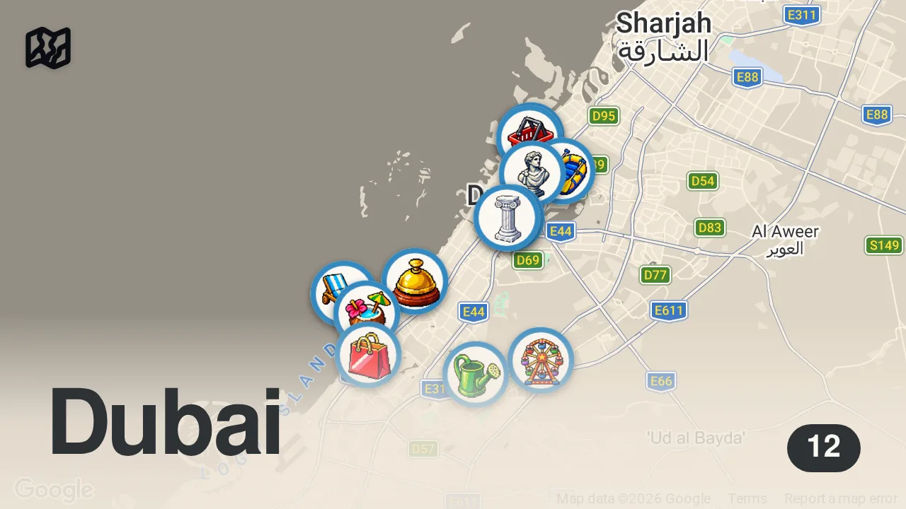 Map of 12 spots from Nobody Shows You These Street Food In Dubai - Palestinian, Filipino, Pakistani, Iranian, Emirati 🇦🇪