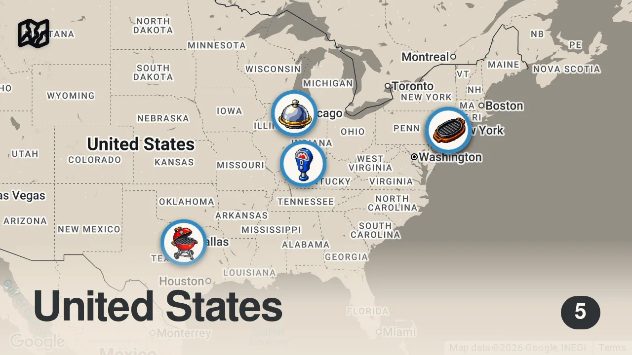 Map of 5 spots from Top 10 BEST BURGERS in America | (Ultimate BURGER FOOD TOUR!)