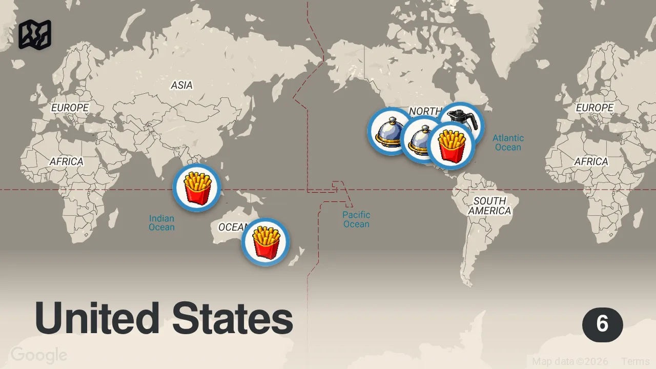 Map of 6 spots from Eating NEW Fast Food Menu Items...(INCREDIBLE)