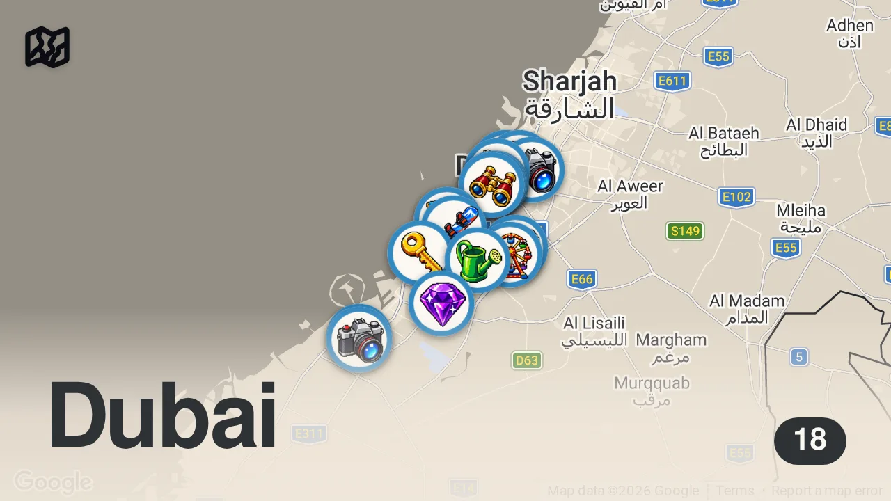 Map of 18 spots from افضل ١٥ مكان تزورة في دبي