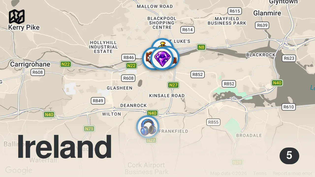 Map of 5 spots from 2 DAYS OF CHAOS IN CORK