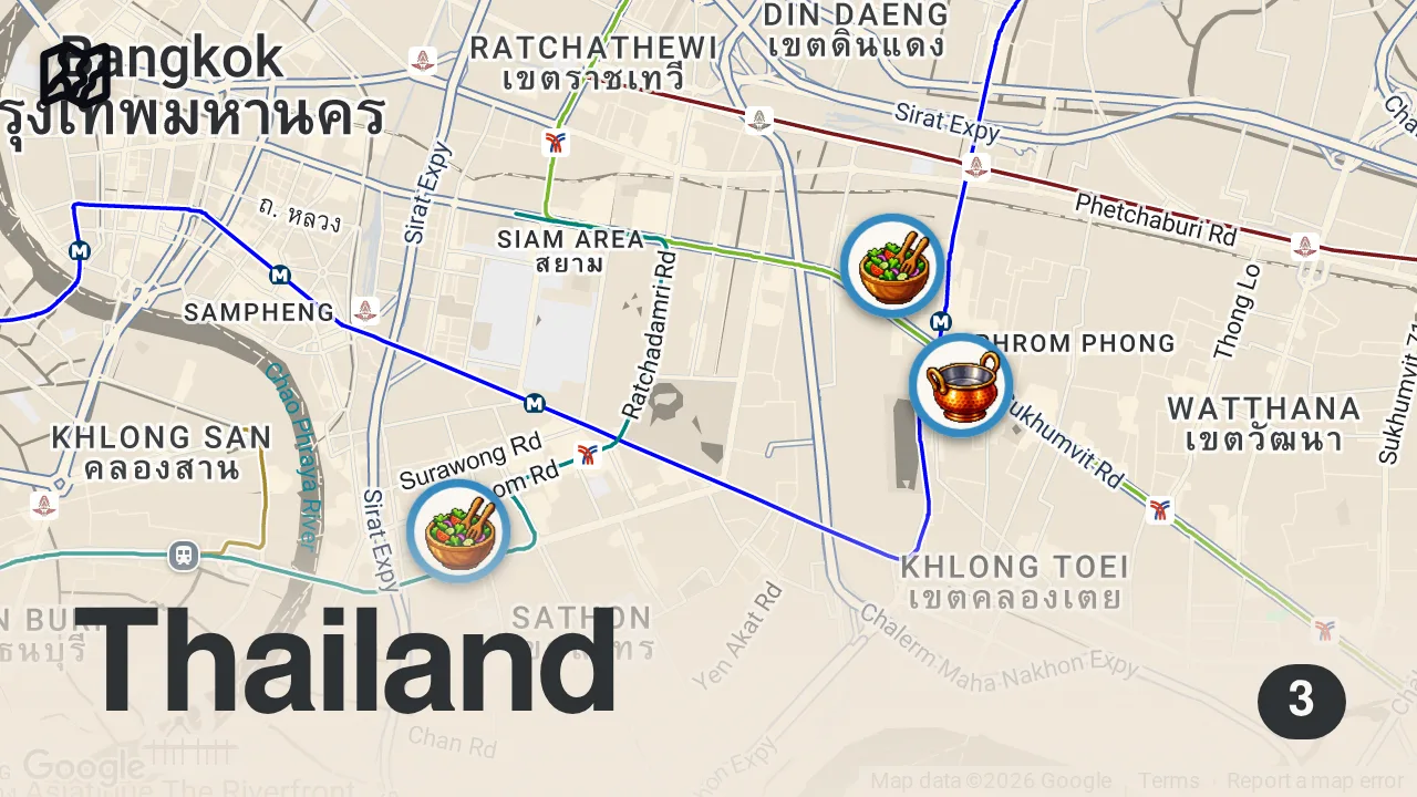 Map of 3 spots from $5.78 Indian Food - All You Can Eat!! | Best South Indian Food in Bangkok!