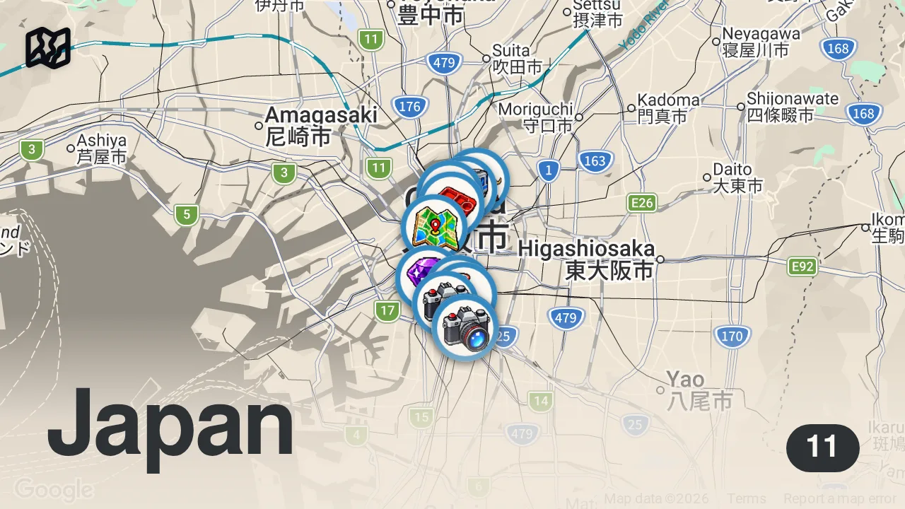 Map of 11 spots from Osaka's Secret Spots: A Hidden Gem Tour!