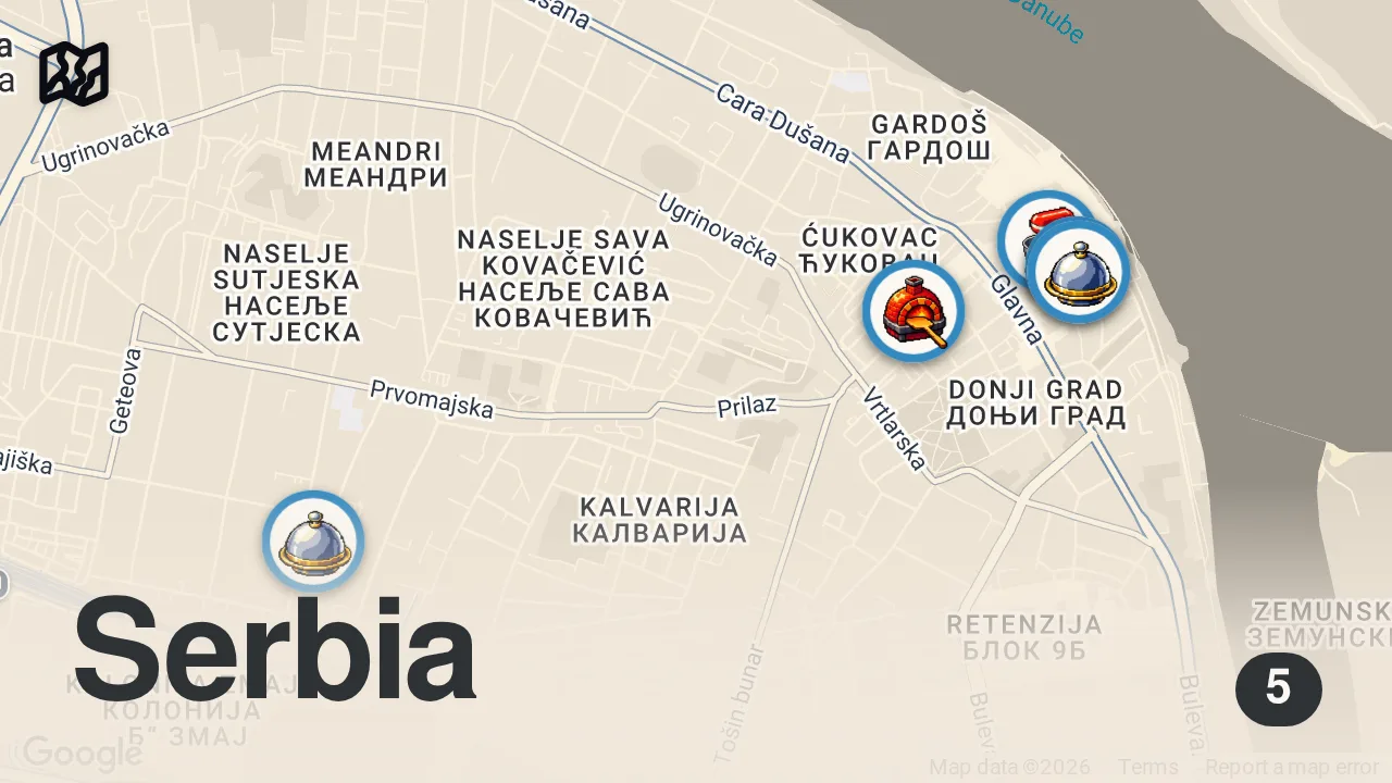 Map of 5 spots from I Ate At The Craziest Restaurant in Serbia - SERBIAN STREET FOOD in ZEMUN