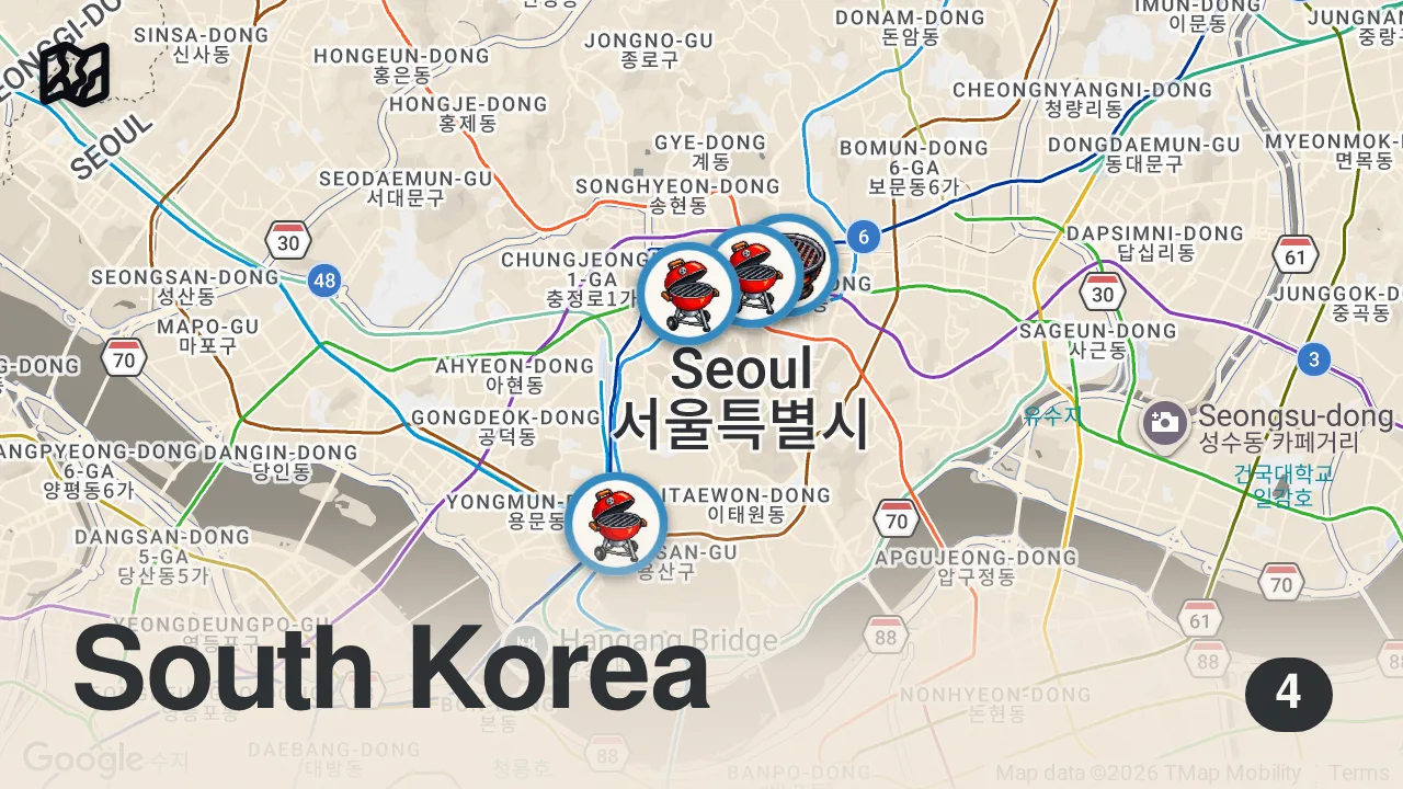 Map of 4 spots from Korean Barbecue Tour!! 🥩 DINO BEEF RIBS + Standing Barrel BBQ in Seoul!