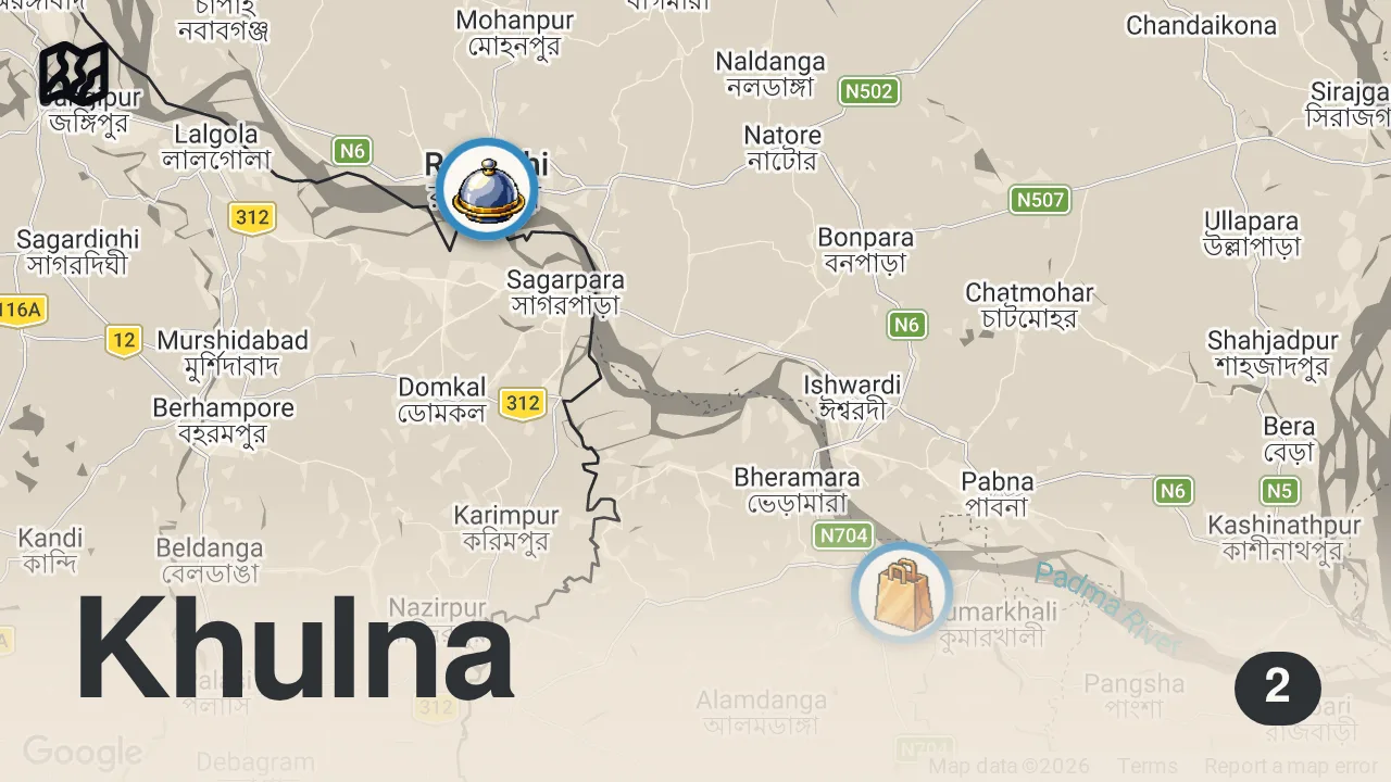 Map of 2 spots from Tastiest Bangladeshi Street Food!! Kalai Roti Making + Eggplant Vorta! | Kushtia, Bangladesh