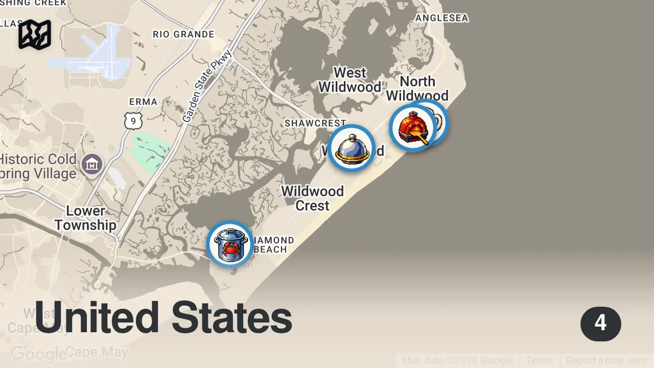 Map of 4 spots from TOP 5 Restaurants in WILDWOOD, NJ