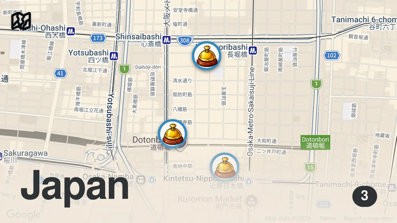 Map of 3 spots from Top 15 things to do in Osaka Japan | Osaka Travel Guide