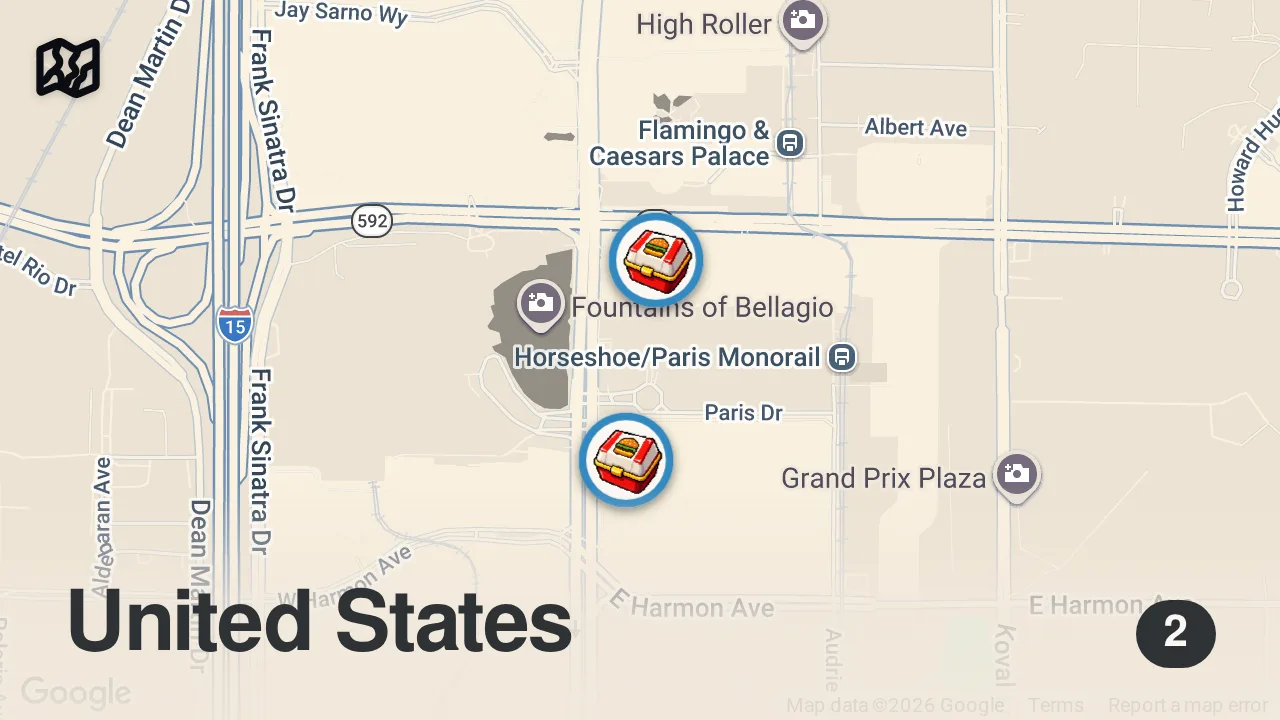 Map of 2 spots from Eating 3 Celebrity Burgers in Las Vegas!! 🍔 Amazing OR Overpriced!?
