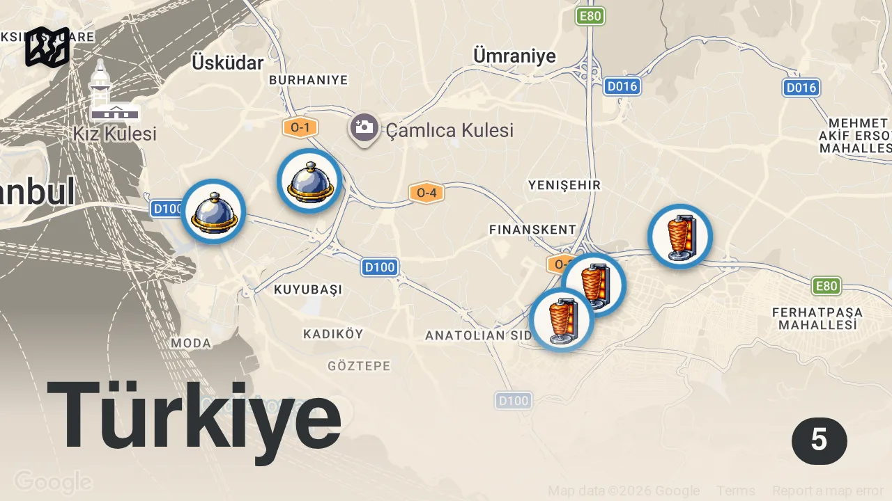Map of 5 spots from ANADOLU YAKASI 5 KEBAPÇI! #shorts #kebap #adana