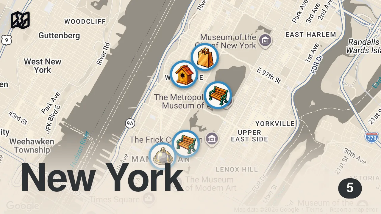 Map of 5 spots from NEW YORK VLOG! Central Park Walks, Organizing, Anniversary