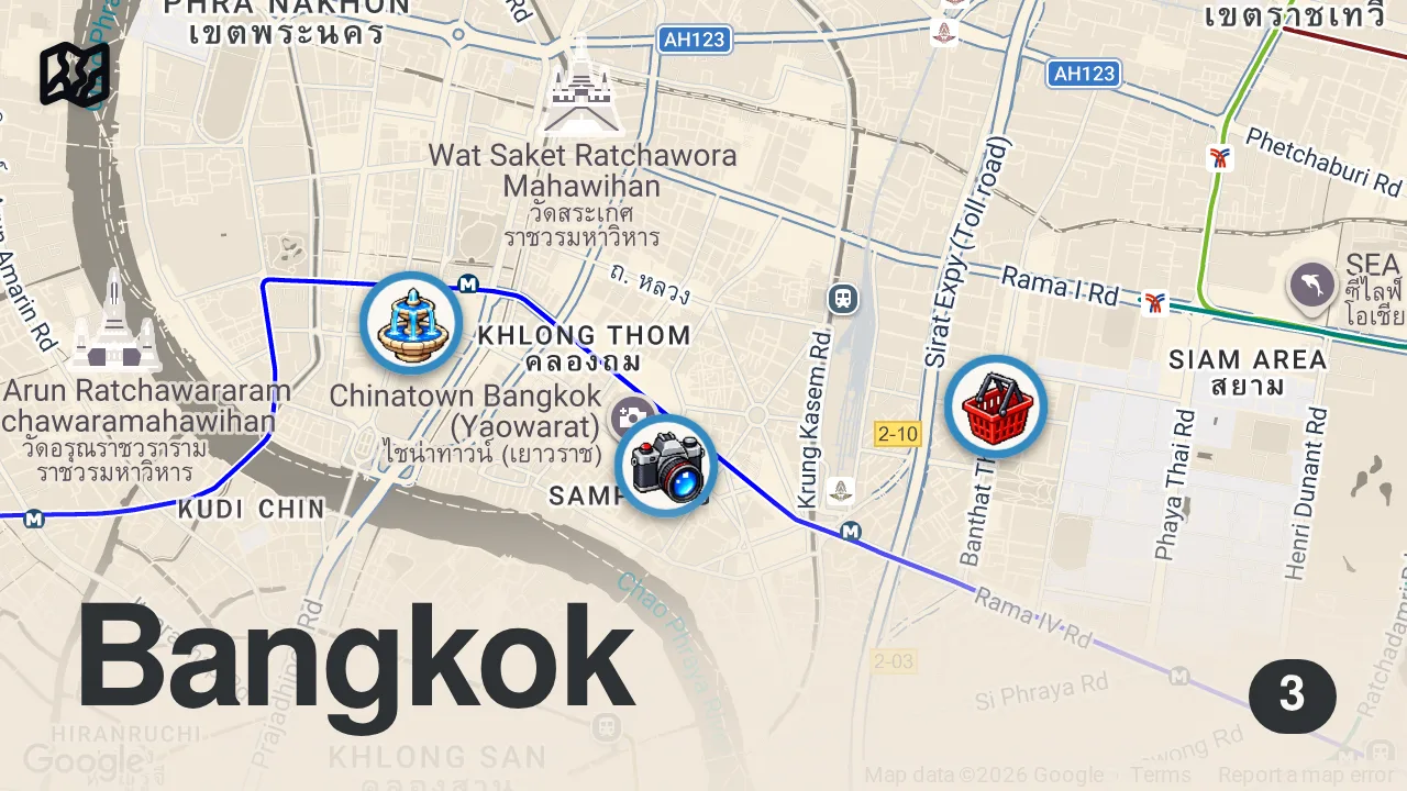Map of 3 spots from 24 Hours in BANGKOK – Insane STREET FOOD! From Pad Thai to Roti & Octopus