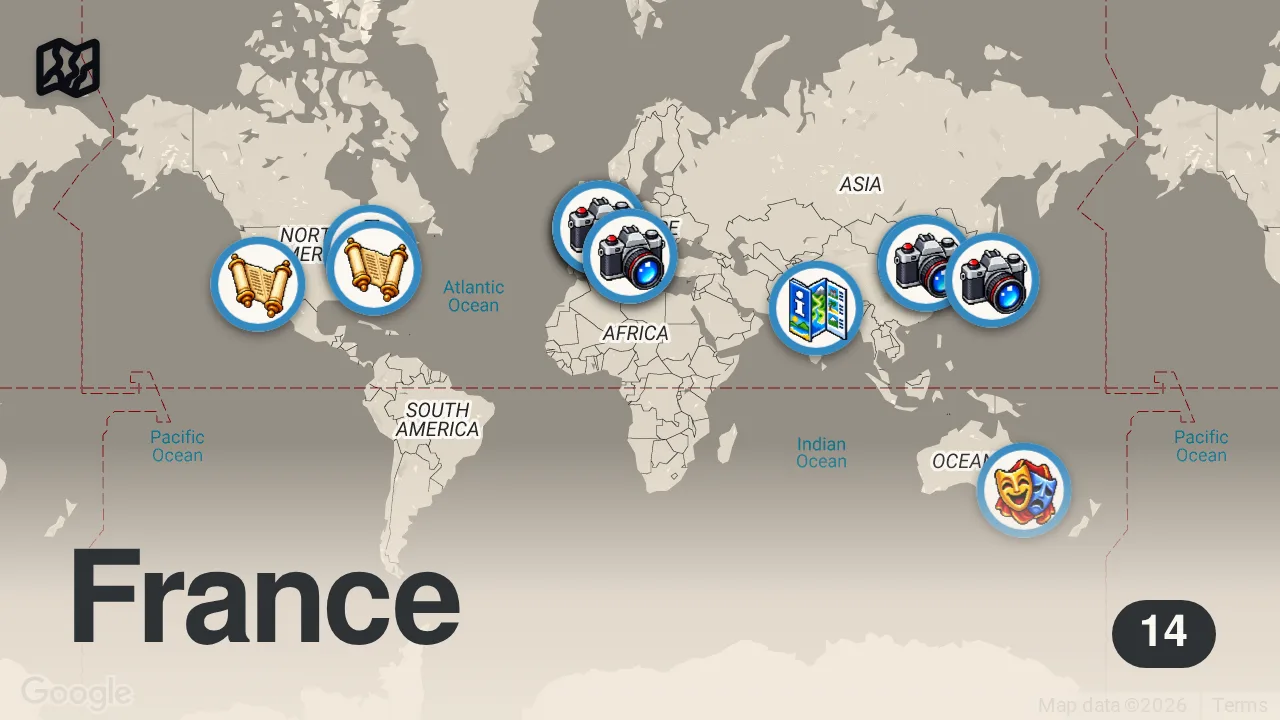 Map of 14 spots from 14 Most Visited Tourist Attractions in the World - Travel Video
