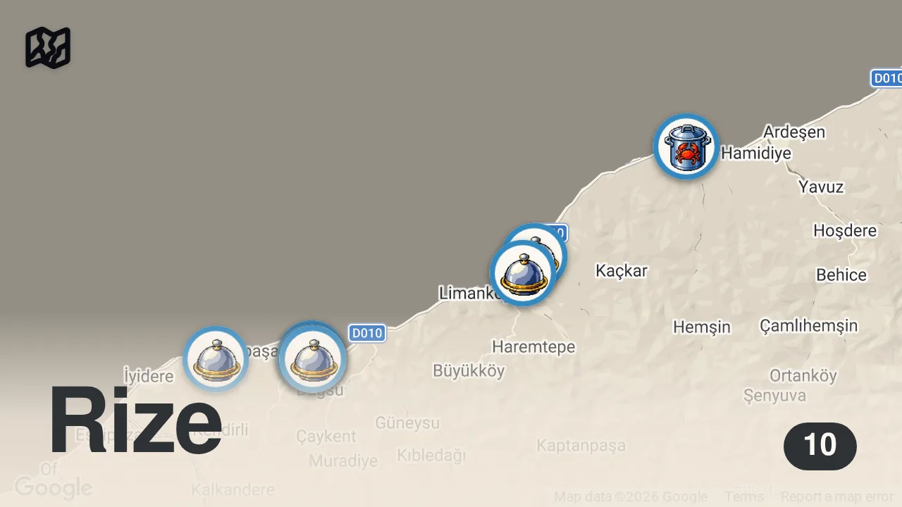Map of 10 spots from RİZE'DE BİR GÜNDE NE YENİR!!!