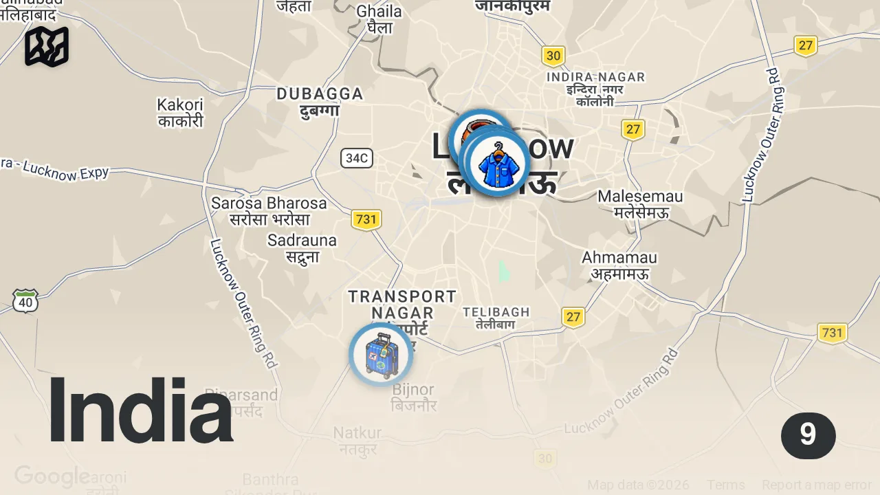 Map of 9 spots from LUCKNOW vlog ~ Best Chaat, Veg Food, Iconic Restaurant, Chikankari Shopping & Heritage Hotel Stay