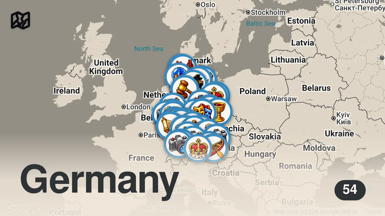 Map of 54 spots from 🇩🇪 DEUTSCHLAND in 4K | Von der Nordsee bis zu den Alpen – Ganze Doku