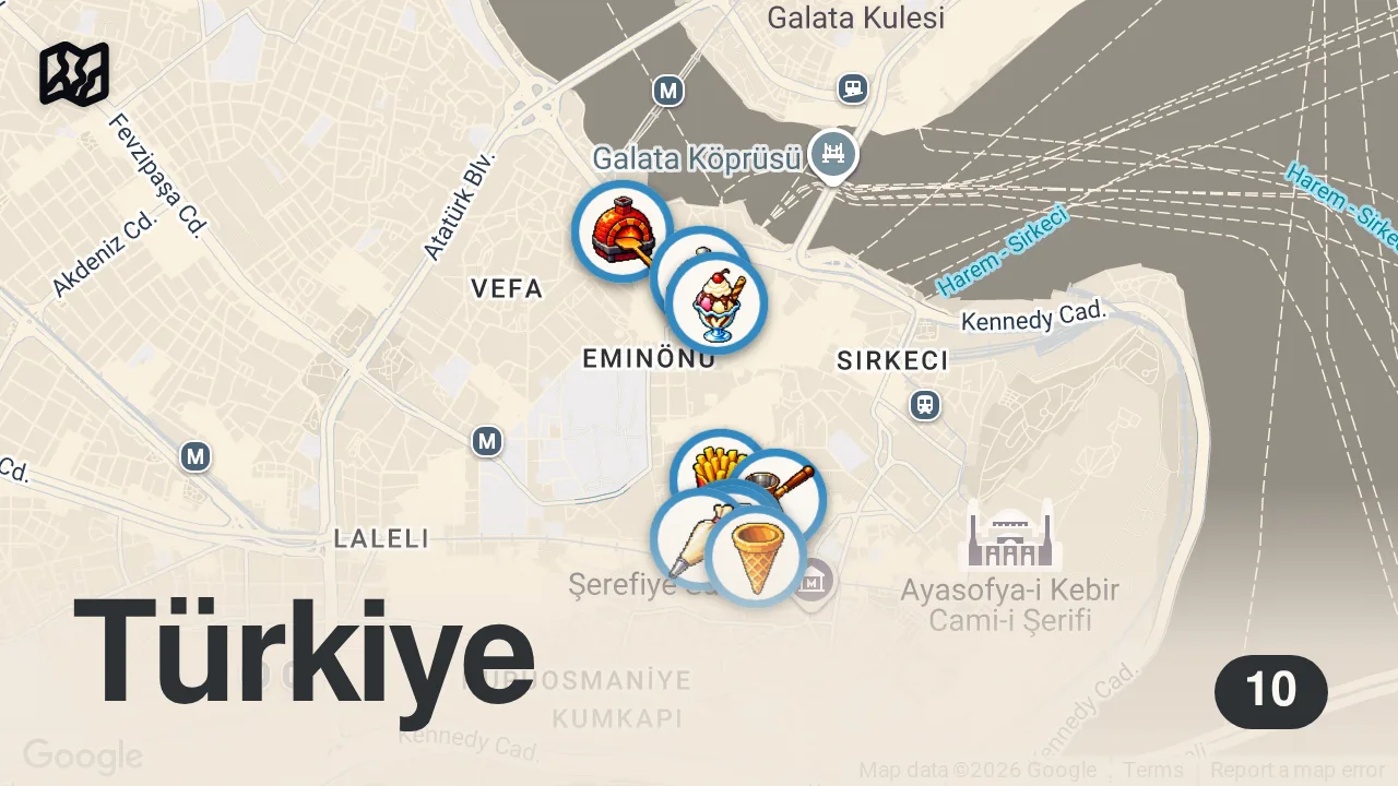 Map of 10 spots from EMİNÖNÜ’NDE BİR GÜNDE NE YENiR!!!