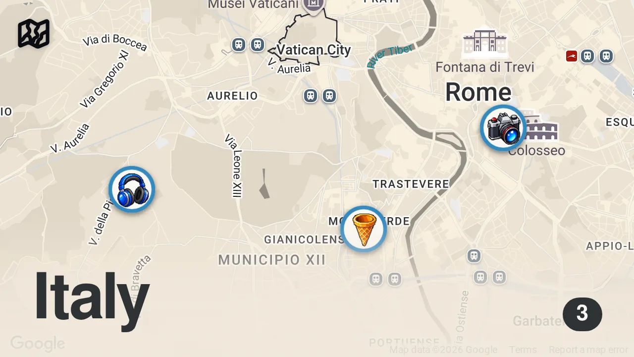 Map of 3 spots from come find the BEST GELATO IN ROME (no scam)