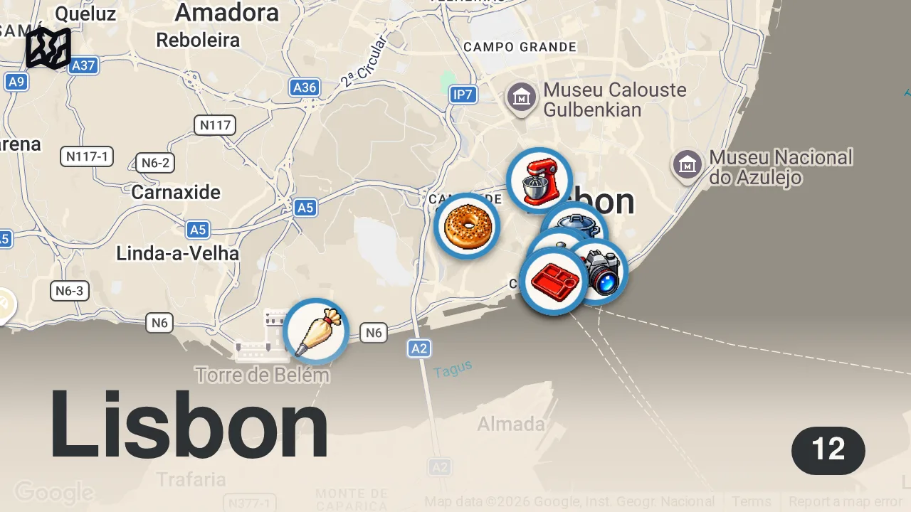 Map of 12 spots from LİZBON’DA NE YENİR? 🇵🇹 #1 | Pastel de Nata, Pica-Pau, Mürekkep Balıklı Kroket, Sardalya Nigiri