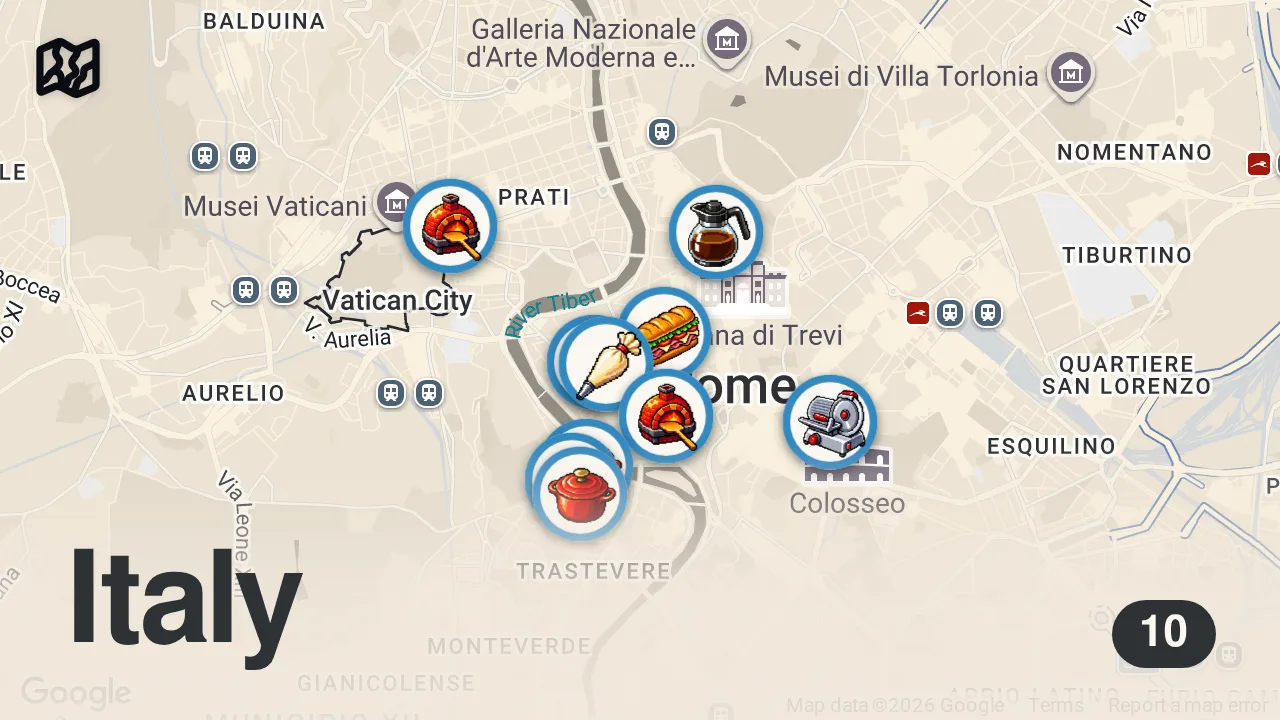 Map of 10 spots from 12 Best Places in Rome Where Locals Eat | Street Food Tour 2026