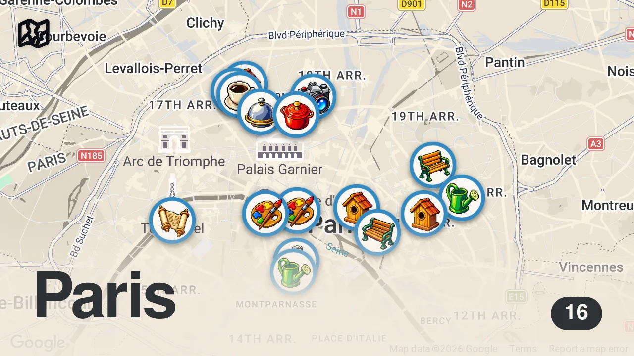 Map of 16 spots from 48 Hours in Paris: What to Do & Not to Do (by a Local)!