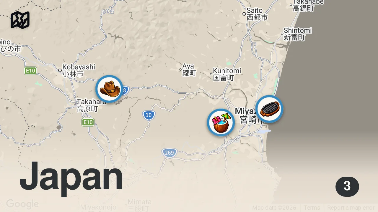 Map of 3 spots from The SECRET of Japan’s Best Beef!! 🥩 MIYAZAKI A5 WAGYU - Champion Steak Teppanyaki!!