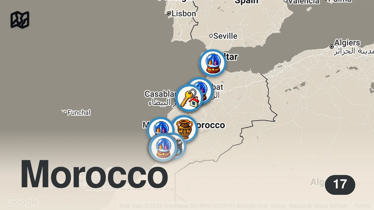Map of 17 spots from رحلة إلى المغرب: دليلك السياحي لأجمل 8 مدن مع الأسعار و نصائح