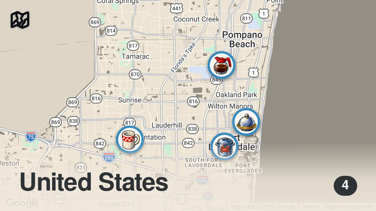 Map of 4 spots from Eating At The Weirdest Themed Restaurants (South Florida)