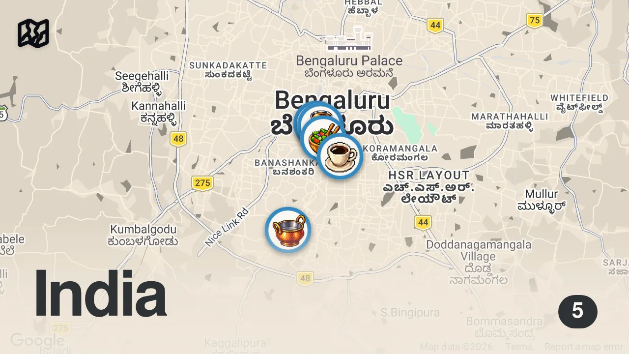 Map of 5 spots from Best Indian Food - LAMB CHOP PARADISE + Crispiest Dosa!! | Bengaluru, India