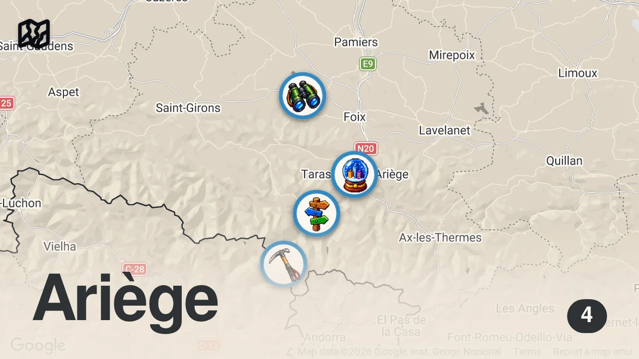 Map of 4 spots from Vicdessos, Pyrénées - visite à pied 4K - Belle balade en forêt sauvage et apaisante au bord de l'eau